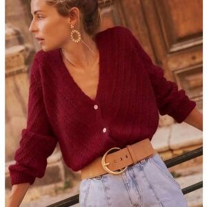 V-Cut Buttoned Down Burgundy Knit Cardigan Textured, Long Sleeve